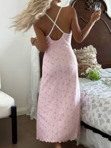 CottageSlumber Romantic-Flora Midi Length Pink Sleep Dress With Plant Pattern And Feminine Spaghetti Strap Design Pink Floral Dress Summer Dress - Pink - View 3