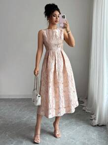 Selianne 女士优雅提花无袖连衣裙，夏季 - 粉色 - 查看 3