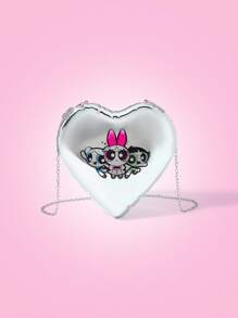 THE POWERPUFF GIRLS X SHEIN Heart Shape Blossom, Bubbles, Buttercup Pattern Silver Color Clutch Bag - Silver - View 1