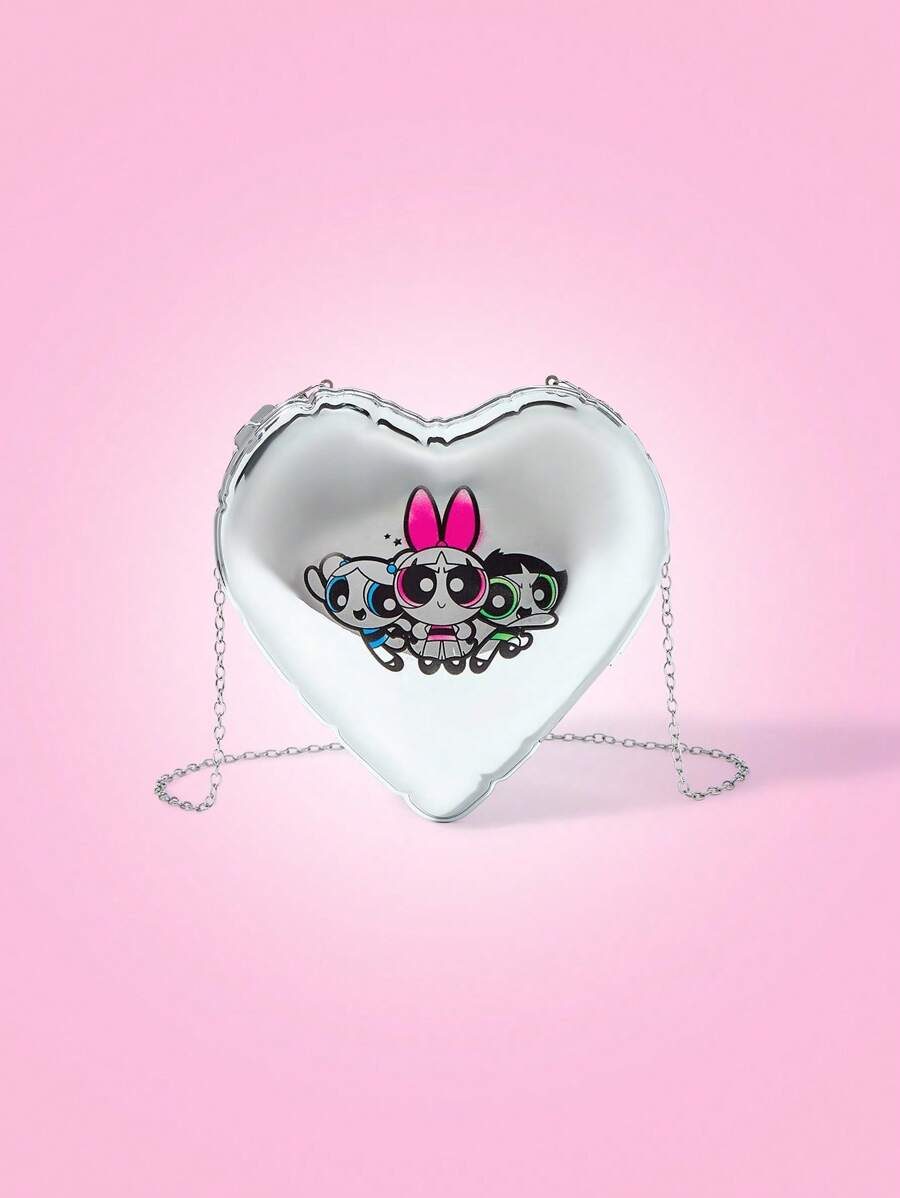 THE POWERPUFF GIRLS X SHEIN Heart Shape Blossom, Bubbles, Buttercup Pattern Silver Color Clutch Bag - Silver - View 1