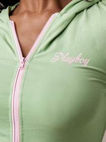 Missguided x Playboy 拉链连帽运动夹克长袖修身短款上衣复古风春秋休闲运动外套运动夹克 - 綠色 - 查看 6