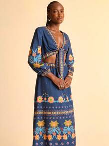 CAJUNI Đầm Maxi Dài Tay Dài In Hoa Nhiệt Đới Màu Xanh Dương Cho Kỳ Nghỉ Dành Cho Nữ, Cổ Chữ V Thắt Nút Xoắn, Tay Dài, Eo Rỗng, Kỳ Nghỉ Hè, Váy Cho Nữ, Váy Mùa Hè Cho Nữ, Váy Mùa Hè, Váy Cho Nữ Thanh Lịch, Váy Mùa Hè - Nhiều màu - Xem 6