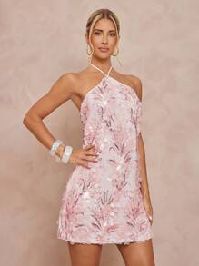 Lumalex Vestido corto con bajo asimétrico, bordado floral de lentejuelas y espalda descubierta para mujer