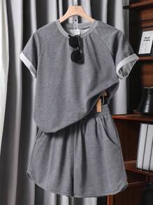 2 Stücke/Set Teenager Mädchen Lässiges, weites Rundhals Kurzarm T-Shirt & Shorts mit elastischem Bund und Tasche, Sommer Sportbekleidung Set - Dunkelgrau - Übersicht 1