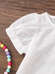 Emery Rose Kids Emery Rose Kids 女婴休闲简约舒适圆领泡泡袖镂空刺绣衬衫，适合日常穿着和返校季节 - 白色 - 查看 4