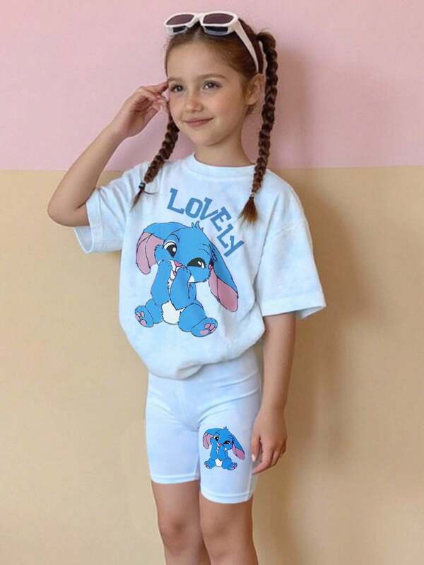 Baby Mädchen Lässig Mode kreativ niedlich Cartoon Stitch Muster Kurzarm Basic T-Shirt