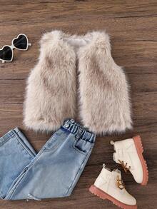 Young Girl Furry Gradient Color Block Open Front Fuzzy Coat Sleeveless Vest,Cute Casual National Style Fashionable Mom & Daughter Matching,Fall/Winter - Apricot - View 4
