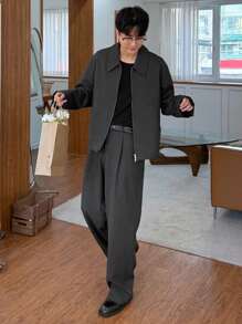 DAZY 男士深灰色通勤夹克和西装裤套装，秋季 - 深灰色 - 查看 3