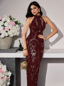 Modelyn 奢华亮片刺绣女士优雅修身奢华连衣裙 - 酒紅色 - 查看 6