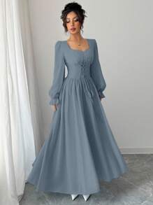 Modelyn Gaun Elegan Gaya Prancis Warna Polos dengan Ikat Pinggang Silang untuk Musim Gugur, Pakaian Liburan Wanita, Biru Muda Pucat - Dusty Blue - View 6