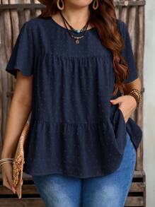 EMERY ROSE 加大码女式纯色圆领荷叶边短袖宽松衬衫，波西米亚风夏季，西部女装，度假，初秋波西米亚风女式上衣 - 藏蓝色 - 查看 1