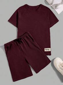 EURMUSE Men Waffle Fabric Raglan Sleeve Patched Regular T-Shirt Set - Burgundy - View 3