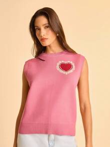 CAJUNI 女式休闲心形图案无袖针织背心，秋冬轻薄款