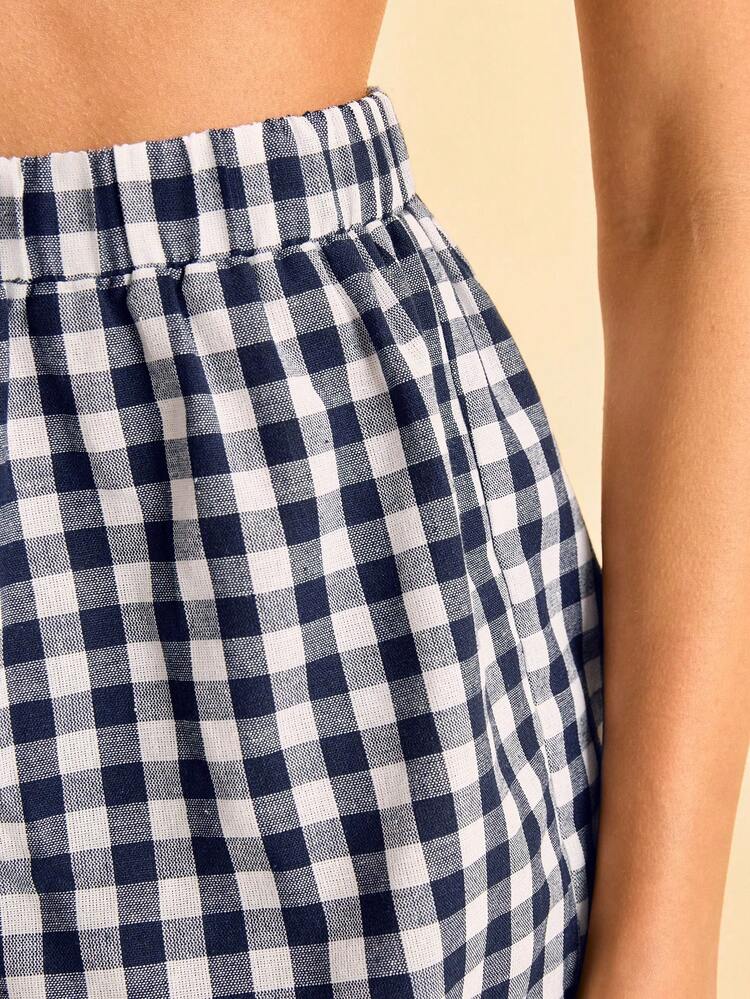 CAJUNI 2pcs/Set Women Plaid Lace Trim Sleeveless Top & Shorts- Short Sets For Women Vacation - Multicolor - View 4