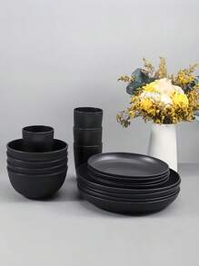 SHEIN 可重复使用的黑色塑料餐具套装，含盘子、碗和杯子 - 便携式餐具，适用于家庭、厨房、户外旅行、露营、派对 - 圣诞礼物