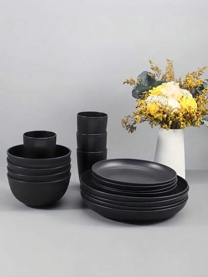 SHEIN Set de cubiertos reutilizables de plástico negro con platos, tazones y vasos - Vajilla portátil para el hogar, cocina, viajes al aire libre, campamento, fiestas - Regalo de Navidad