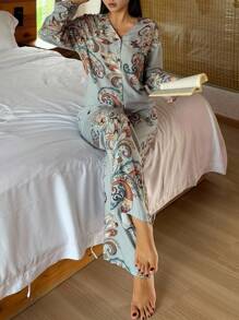 DAZY 满版花卉印花女式睡衣套装、家居服、秋装 - 藍色 - 查看 6