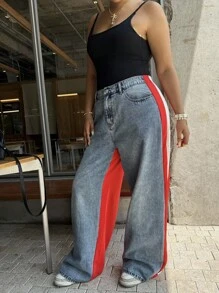 Dripcurv Plus Size Contrast Striped Print Pocket Casual Wide Leg Jeans
