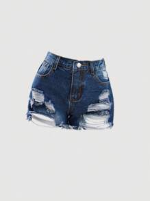 SHEIN Girlism 千禧少女春夏休闲纯灰色水洗低腰破洞毛边牛仔短裤，适合夏季海滩波西米亚风度假、夏季音乐会、音乐节、街头休闲派对、女生夏季早午餐毕业典礼等场合。 - 深色水洗藍 - 查看 3