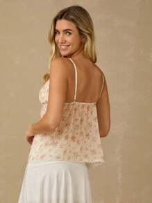 Enchnt Spring/Summer Romantic Women's Apricot Floral Printed Lace Trim Pleated Chest Bowknot Backless Camisole Top,Sweet&Elegant&Fashionable For Vacation&Date&Holiday&Party&Graduation&Wedding Guest,Summer Tops For Women,Summer Clothes