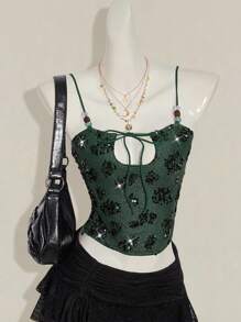 SHEIN ICON Sequin Embroidered Bead Decorated Women's Shiny Sequin Patchwork Camisole - Green - View 6