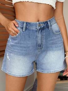 Livesso Pantalones cortos vaqueros azules de tiro alto y desgastados para mujer, nueva llegada, corte evasé, favorecedores para estatura baja, pantalones cortos de verano versátiles y de moda