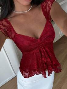 SHEIN EZwear 1pc Women's Burgundy Lace Ruffle Hem Sweet-Heart Collar Puff Sleeve Elegant T-Shirt - Burgundy - View 3