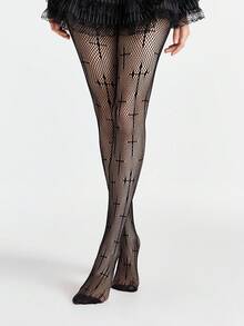 ROMWE Grunge Punk 1pc Gothic Cross Pattern Fishnet Leg Warmers + 1 Pair Solid Color Lace Ruffle Leg Warmers, Y2K Baddie Style Set, Suitable For Daily Street Wear - Black - View 2