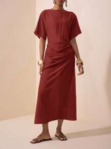 Zivah 2025 春夏新时尚节、复活节、圣帕特里克节、西部风、游牧风、生日派对、毕业季、学院风、学生装、日常外出、基础百搭、休闲、度假、邮轮旅行、海滩、日光浴、网络热卖、街头服饰、婚礼宾客波西米亚早餐装、机场装、圆领腰部褶皱长裙、亚麻纹理面料、后拉链 - 酒紅色 - 查看 4