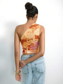 Maija Îmbrăcăminte de vară portocalie pentru femei, decolteu asimetric, imprimeu floral integral, croială moale cu volane, minimalist, elegant și confortabil pentru festivaluri de muzică, ținută casual de zi cu zi/birou, maiou scurt fără mâneci din plasă tricotată - Portocale - Vizualizare 9