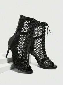 CUCCOO SZL CUCCO 女士镂空设计金属扣眼系带露趾中筒靴 - 黑色 - 查看 3
