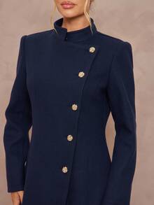 Lumalex Fall Winter Gathering Party Banquet Modest Old Money Coquette Glitter Holiday Party Rave Festival Outing Vacation Hot Outdoor Richly Layered Wedding Season Banquet Coming Of Age Ceremony High Collar Shoulder Pad Long Sleeve Asymmetrical Metal Button Decor Cinched Waist Flare Hem Long Woolen Coat For Women Luxury Prom ID Al-Adha Al-Adha Party New Year - Royal Blue - View 7