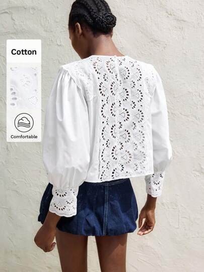 Maija Women's Ivory Round Neck Eyelet Embroidery Splicing Top, Casual Loose Fit, Modern Resort Wear, Soft & Comfortable, Spring Bohemian,Western Wear Women,Beachwear,St Patrick Summer Outfits For Women Western Wear Women Country BOHO Modern Urban Casual Fashion Business Casual Women's Office Wear Low-Key Old Money Style Effortless Temperament High-End Urban Commuting High-Quality Airport Women's Wear High-End Material