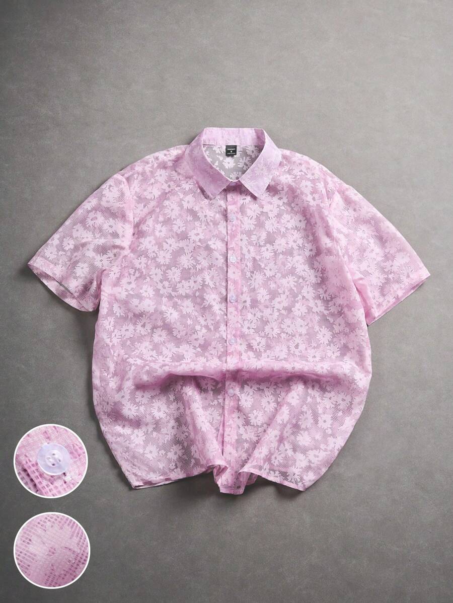 Manfinity Hypemode Áo sơ mi nam tay ngắn in hoa cài nút phía trước, thường ngày, mùa hè - Hồng - Xem 1