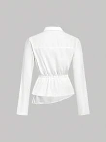 SHEIN MOD Women Plus Size White Long Sleeve Shirt,Elegant Formal Autumn Fitted Ruched Waist Top,Oblique Placket Work Office Blouse,Old Money Style Streetwear - White - View 3