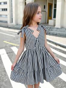 Tween Girls Casual Fashion Woven Gingham V-Neck Sleeveless Bow Patchwork Waist A-Line Dress, Back To School, Graduation Party, Summer Holiday - Black - View 2