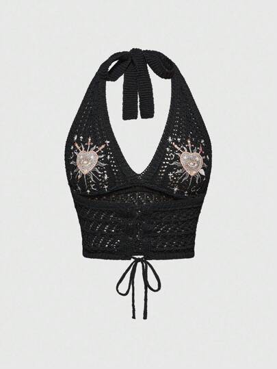 ROMWE Avant Top tricoté femme au style romantique gothique avec broderie de cœur, cristal de style goutte et motif étoilé, pour l'été