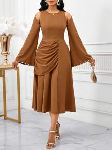 SHEIN Lady 泡泡袖长裙，时尚连衣裙休闲开叉下摆连衣裙 - 棕色 - 查看 3