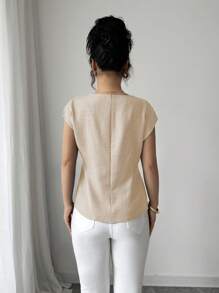 Rafferiza 休闲通勤百搭度假简约宽松圆领蝙蝠短袖不对称下摆设计柔软质感材质蓝色女衬衫夏季上衣女夏装夏季衬衫夏装女优雅上衣 - 卡其色 - 查看 2