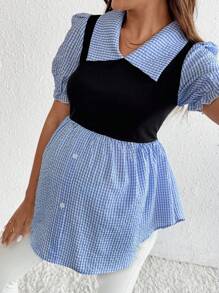 SHEIN 孕妇时尚休闲宽松短袖衬衫，百搭日常穿着 - 藏蓝色 - 查看 6