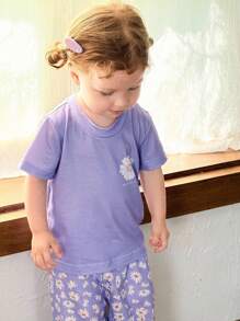 SHEIN 2pcs Baby Girls Toddler Newborn 0-3 Years Old Spring/Summer Casual Home Cute Daisy Graphic Short Sleeve T-Shirt And Pant Sets - Purple - View 3