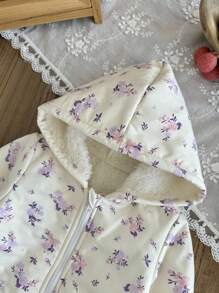 SHEIN Baby Girls Toddlers 0-3 Yrs Casual Hooded Fluffy Ditsy Floral Outerwear, Warm For Autumn/Winter Fall - Apricot - View 3