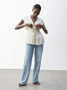 Maija Áo cánh vải lanh cotton màu mơ cổ chữ V thắt nơ phía trước cho nữ, áo hàng ngày phong cách Bohemian cho kỳ nghỉ hè, lãng mạn, thời trang, đa năng; thích hợp cho kỳ nghỉ hè, thoải mái, phong cách Bohemian, trang phục đi biển, đồ bơi che thân, phong cách, thanh lịch, giản dị, trang phục hàng ngày đơn giản - trắng - Xem 4