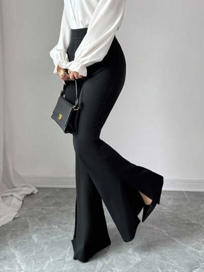 Elenzga Pantalones acampanados de punto de unicolor con inspiración siciliana, elegantes y casuales, con abertura lateral, adecuados para primavera, verano, otoño, ir al trabajo, vacaciones, té de la tarde y fiestas