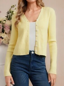 Amorya Women's Solid Color Cream Yellow Single-Breasted Long Sleeve Cardigan, Suitable For Daily Wear, Long Sleeve Top Suitable For Commute 2025new  Casual Versatile Yellow Metal Button Thin Cardigan Autumn Winter Clothes For Women - Yellow - View 4