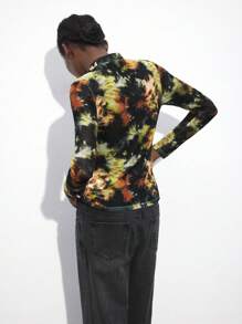 Maija 女士深绿色扎染印花立领修身长袖休闲时尚衬衫，适合早春节日西式女装 - 綠色 - 查看 4