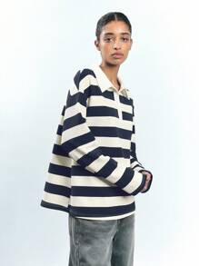 Maija 女士蓝杏条纹早春休闲长袖前扣宽松百搭简约百搭T恤上衣，节日