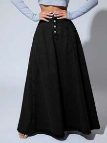 SHEIN SXY Casual Washed High Waist Extra Long Denim Skirt - Black - View 5