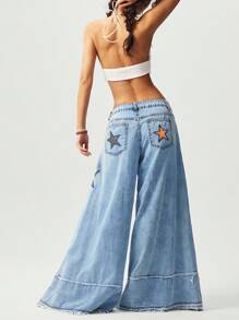 Bohemela 波西米亚风休闲度假风格西部牛仔女式纯色梭织阔腿裤，星星刺绣，宽松版型，适合女士