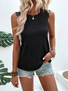 SHEIN LUNE Contrast Lace Tank Top - Black - View 7